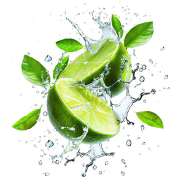 Fresh limes splashing with leaves, cut out