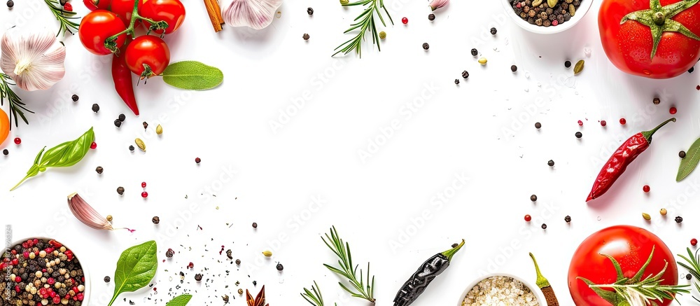 Sticker Top view background of spices, herbs, and organic vegetables for cooking on a white backdrop with copy space image.