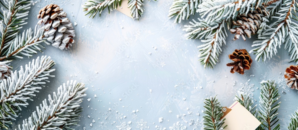 Poster A flat lay of snow-covered Christmas tree branches with a paper note, creating a Nature New Year concept with copy space image.