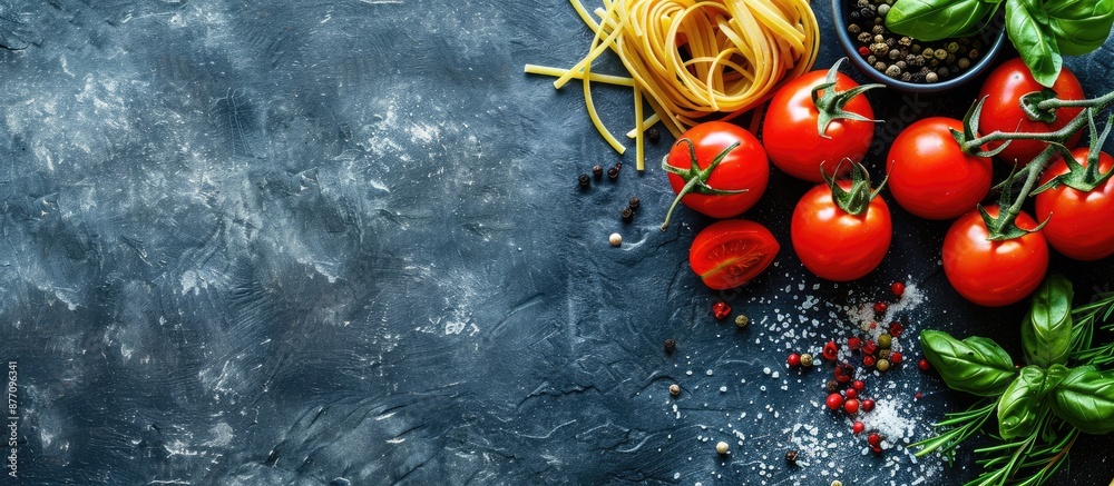 Poster Cooking essentials like pasta, tomatoes, and herbs neatly arranged on a stone table from a top-down perspective, creating a visually appealing image with available space for additional content.
