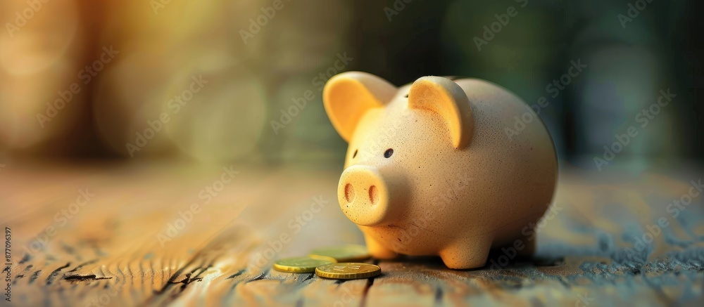 Poster a piggy bank sits on a wooden table with copy space image.