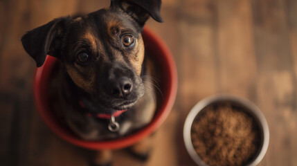 Dog sits in food bowl