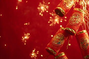 Fototapeta premium Traditional Chinese Red Firecrackers on Festive Background