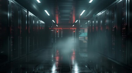 A dark, dimly lit data center filled with rows of servers, and an eerie fog creating a mysterious and high-tech atmosphere, ideal for cyberpunk and thriller themes.