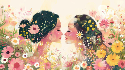 Fototapeta premium Two women are kissing in a field of flowers. The painting is full of bright colors and has a happy, romantic mood