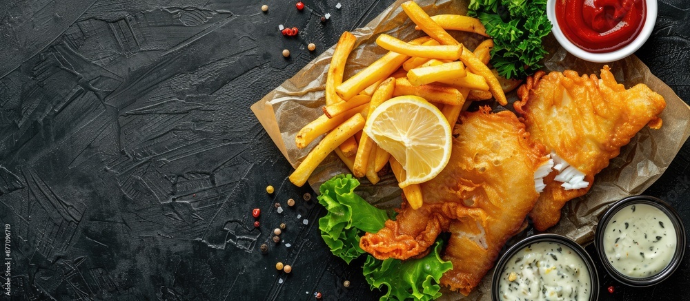 Aufkleber traditional english food, fish and chips, displayed from a top view on a black background with ample