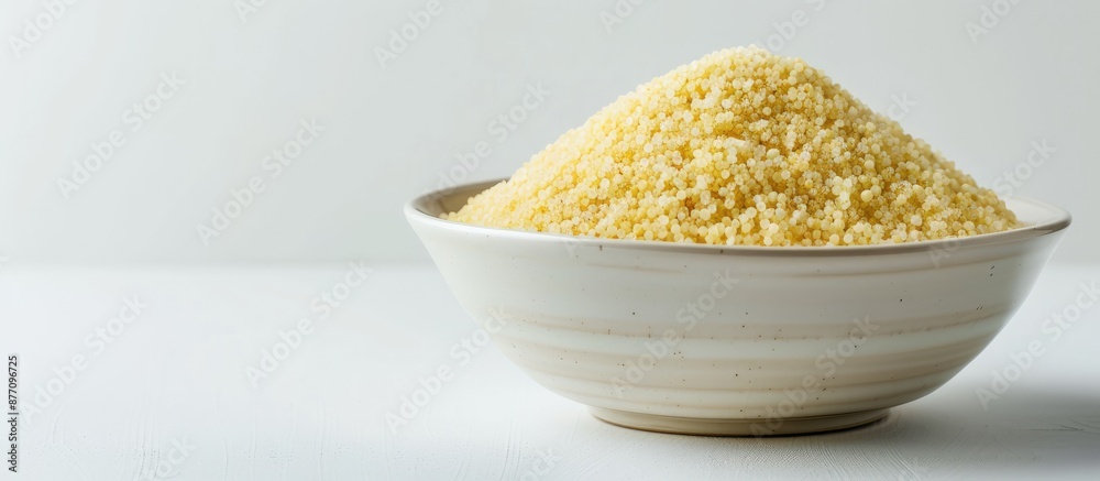 Poster white ceramic bowl with dry couscous against a bright white background, shown in a soft light and an