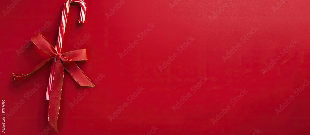 Poster Christmas theme with candy cane and red ribbon on red backdrop, arranged for a flat lay composition with copy space image.
