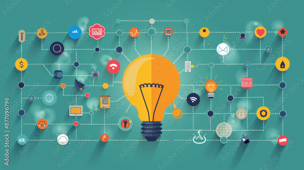 Poster a colorful, abstract image of a light bulb with a bunch of icons surrounding it. concept of a networ