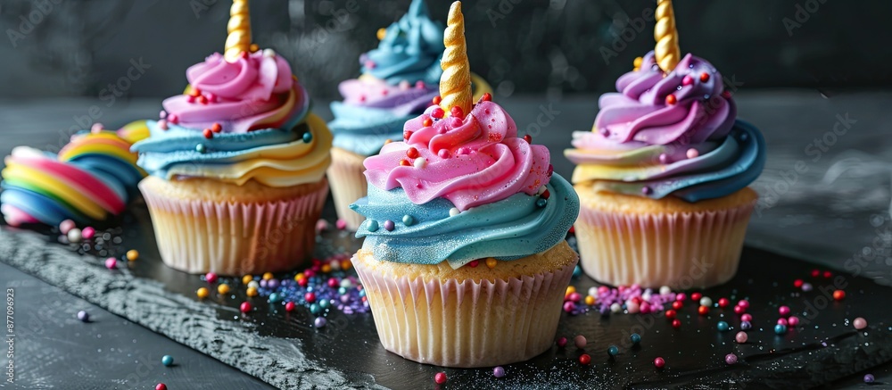 Poster Unicorn cupcakes creatively displayed on a black slate with ample copy space image.