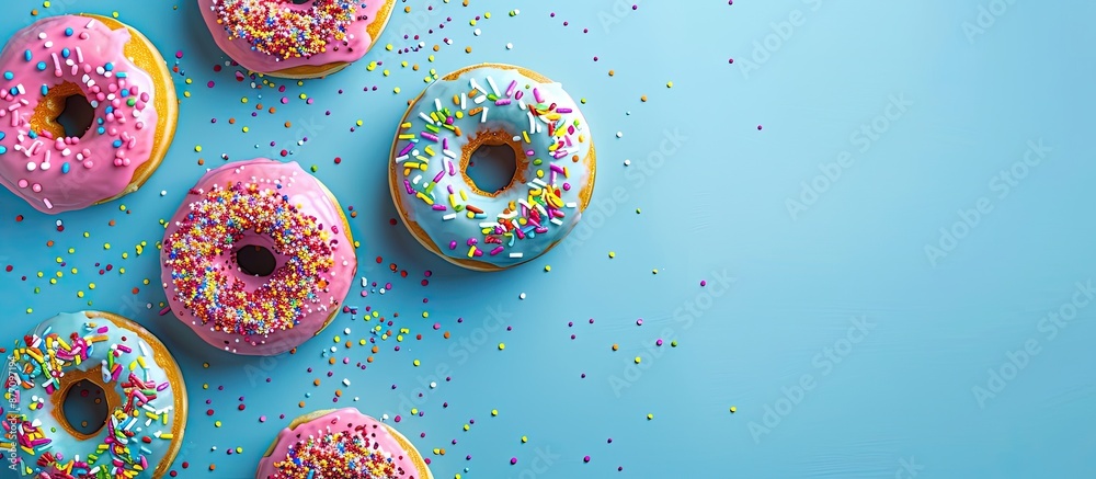 Poster a blue background enhances donuts topped with colorful sprinkles, creating an appealing copy space i