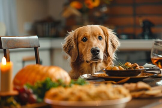 golden retriever dog sitting patiently beside a Thanksgiving dinner feast, food and love. November month in dogs calendar. - Powered by Adobe