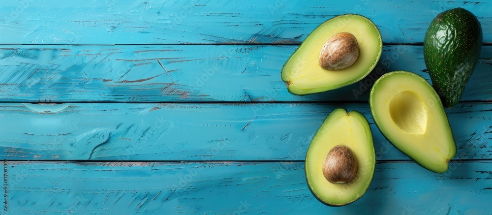 Poster avocado positioned on a blue wooden backdrop with space for text or design.