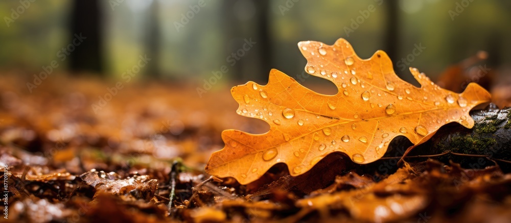 Aufkleber close-up image of an oak leaf with water droplets in an autumn forest setting, ideal for use as a ba