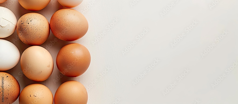 Poster A close-up of fresh eggs arranged neatly on a plain white background with ample space for a copy space image.