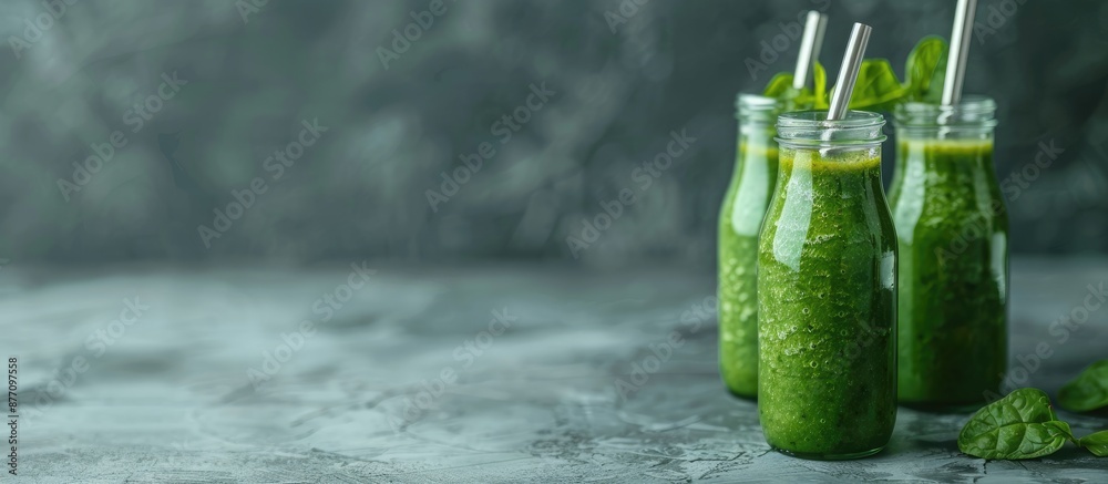 Aufkleber Green smoothie with a metal straw in small bottles creating a healthy lifestyle concept on a gray backdrop with ample copy space image.