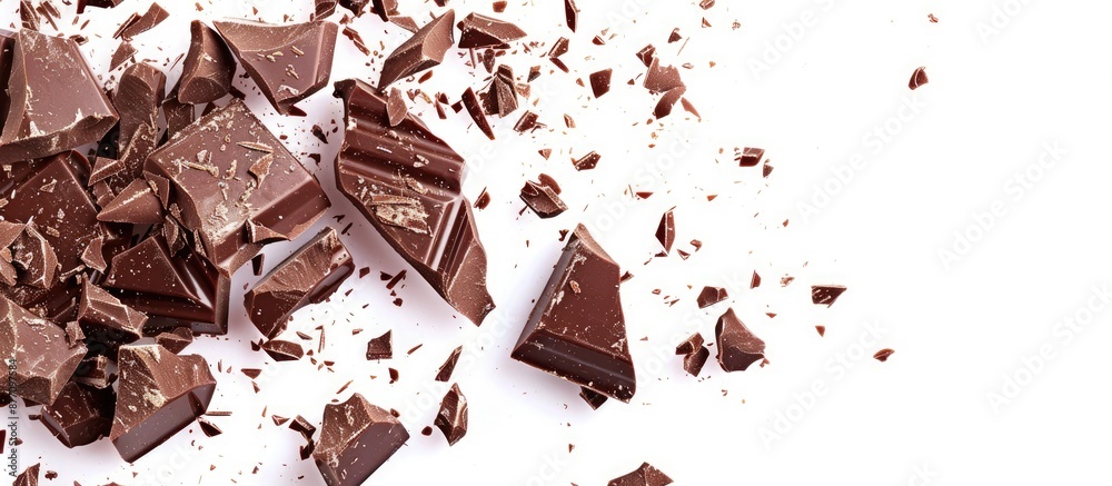Poster chocolate pieces shattered on a white backdrop with available copy space image.