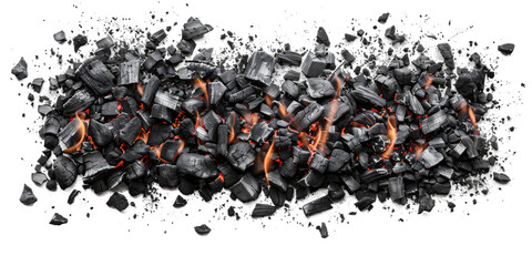 A pile of burning charcoal, with a few flames flickering, sits on a white background. The charcoal is in various shapes and sizes, and some of the pieces are crumbling into ash