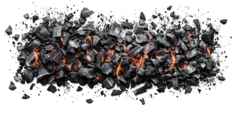 A pile of burning charcoal, with a few flames flickering, sits on a white background. The charcoal is in various shapes and sizes, and some of the pieces are crumbling into ash