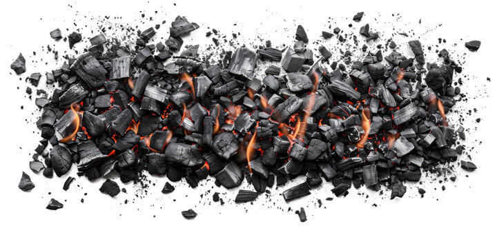 A pile of burning charcoal, with a few flames flickering, sits on a white background. The charcoal is in various shapes and sizes, and some of the pieces are crumbling into ash