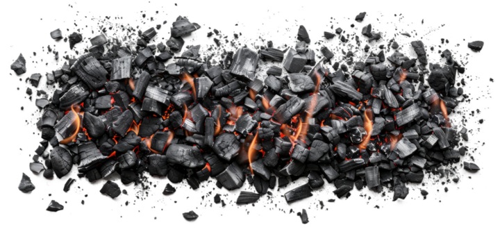 A pile of burning charcoal, with a few flames flickering, sits on a white background. The charcoal is in various shapes and sizes, and some of the pieces are crumbling into ash