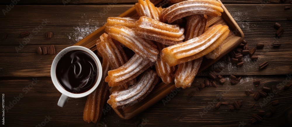 Poster top view of churros drizzled with chocolate sauce and sugar on a rustic wooden surface, with space f
