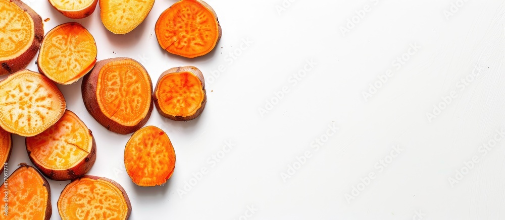 Poster Sweet potato slices arranged on a white backdrop with space for text or graphics, creating a clean and professional copy space image.