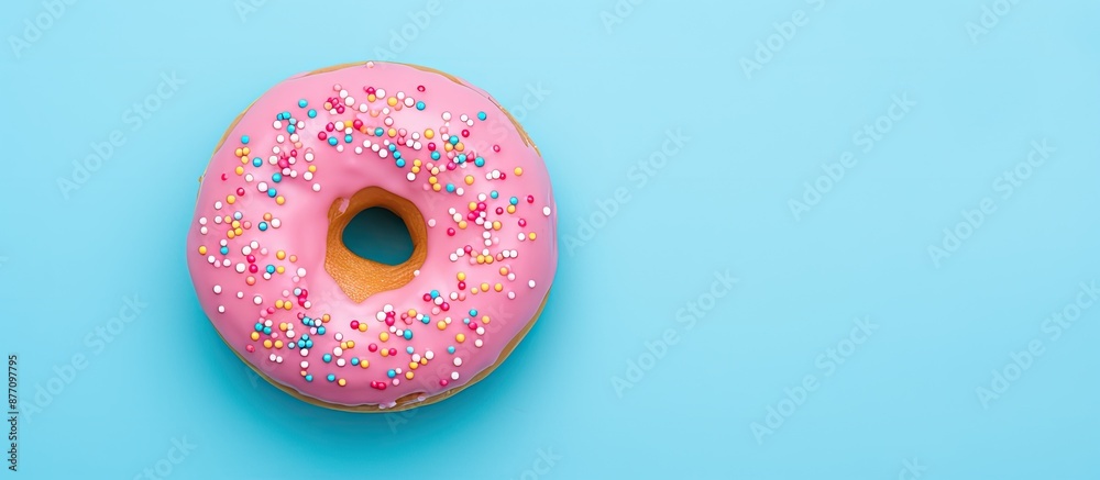 Aufkleber Top view of a pink alarm clock shaped like a donut on a blue backdrop, suitable for breakfast time or minimalistic themes, with ample copy space image.