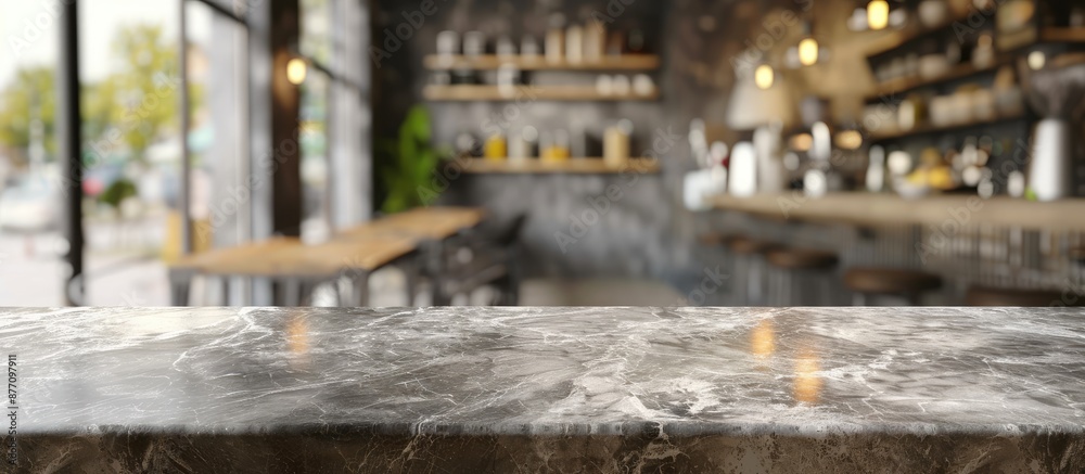 Aufkleber Empty table space with a grey Emperador marble stone tabletop on a blurred cafe minimal kitchen counter in a bright color mood for product display with copy space image.