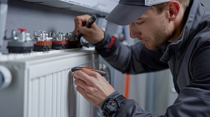 Technician repairing a heating system in a workshop