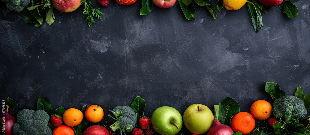 Poster fresh, nutritious fruits and vegetables displayed on a chalkboard with copy space image.