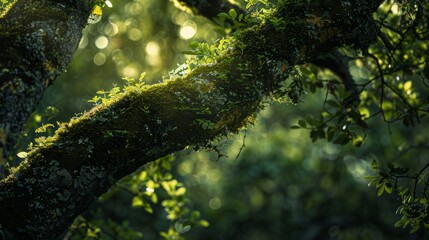 Close-up of moss-covered tree branch in a forest