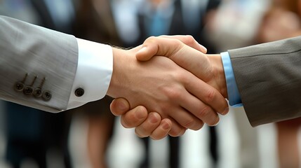 A firm handshake between business professionals with a focused team in the background symbolizes a successful agreement