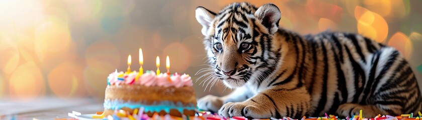 A cute tiger cub sitting next to a colorful birthday cake with a lit candle
