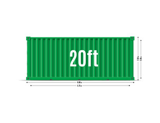 Cargo ship container vector mockup with dimensions scheme, 20ft size green metal storage freight shipping transportation