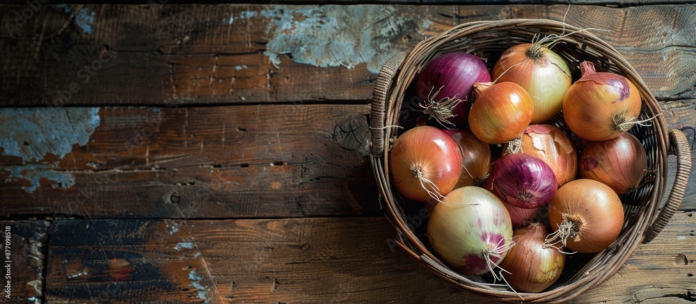 Poster Onions arranged in a basket on a rustic wooden surface with copy space image.