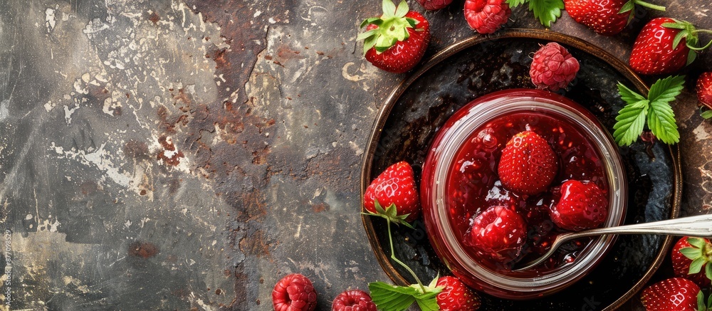 Poster top view of homemade strawberry jam in a glass jar presented with fresh berries on a plate, set agai