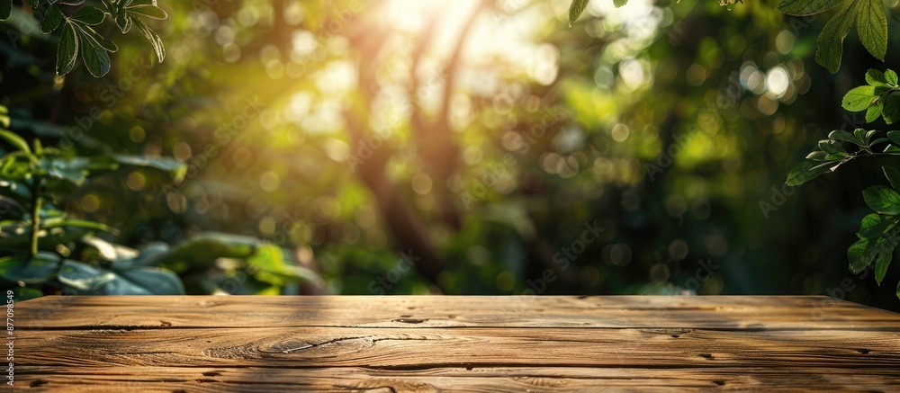 Leinwandbilder abstract blurred green tree bokeh in the background of a wooden table with copy space image.