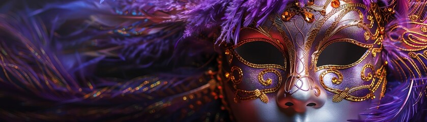 Fototapeta premium A luxurious Venetian mask adorned with intricate gold detailing and elegant purple feathers on a dark background, perfect for masquerade events