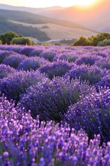 Obraz premium A panoramic view of a captivating lavender field in full bloom, highlighted by a soft purple hue and sunlight