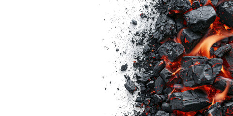 Close-up image of burning charcoal against a white background. The hot coals glow red and orange, with flames visible amongst the black charcoal