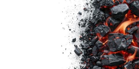 Close-up image of burning charcoal against a white background. The hot coals glow red and orange, with flames visible amongst the black charcoal