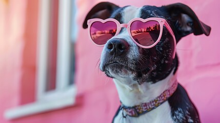 A playful black and white dog wearing pink heartshaped sunglasses against a pink background