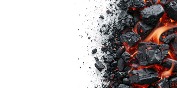 Close-up image of burning charcoal against a white background. The hot coals glow red and orange, with flames visible amongst the black charcoal