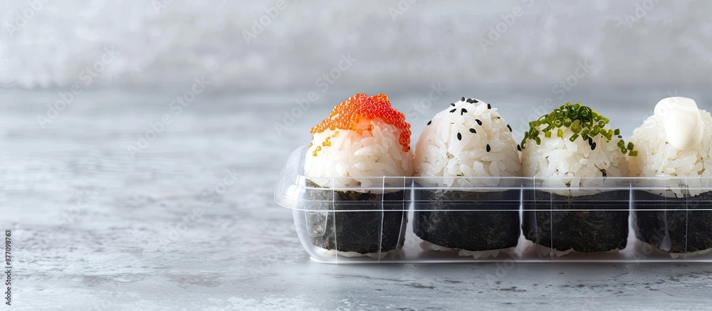 Poster Japanese Onigiri set displayed in a transparent plastic container with a blank space for additional images.