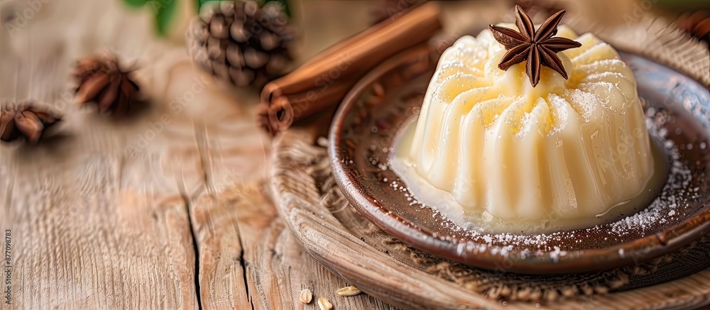 Poster delicious vanilla pudding on a plate on a wooden table with copy space image.