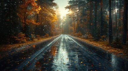 Obraz premium A scenic road in a forest with autumn foliage, wet from rain, capturing the serene beauty of fall colors and the tranquil ambiance of nature.