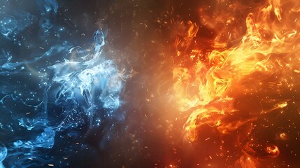 Fototapeta premium Dynamic Abstract Art of Fire and Water Elements in a Fiery and Icy Battle with Sparks and Smoke