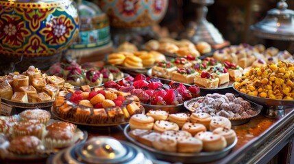 This vibrant image captures an array of colorful desserts and pastries beautifully arranged on a market display, showcasing a variety of sweet treats and intricate designs.