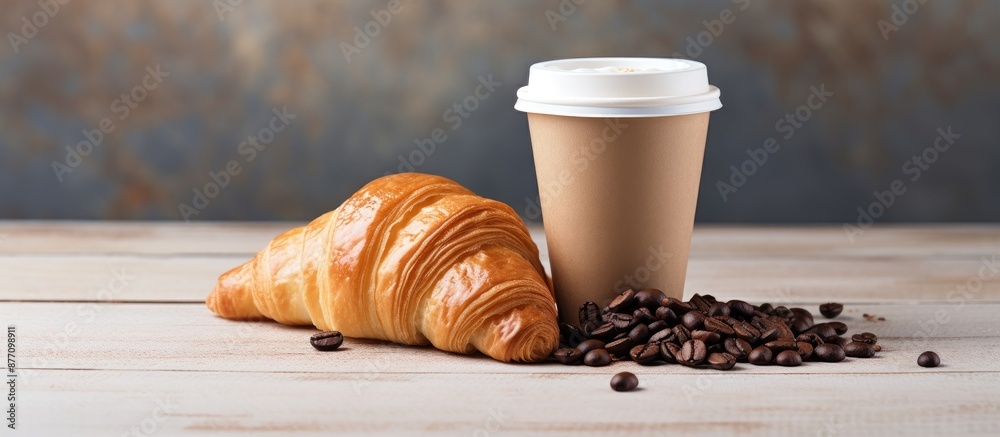 Aufkleber takeout coffee served in a paper cup with a delicious beverage, croissant, and beans displayed on a 